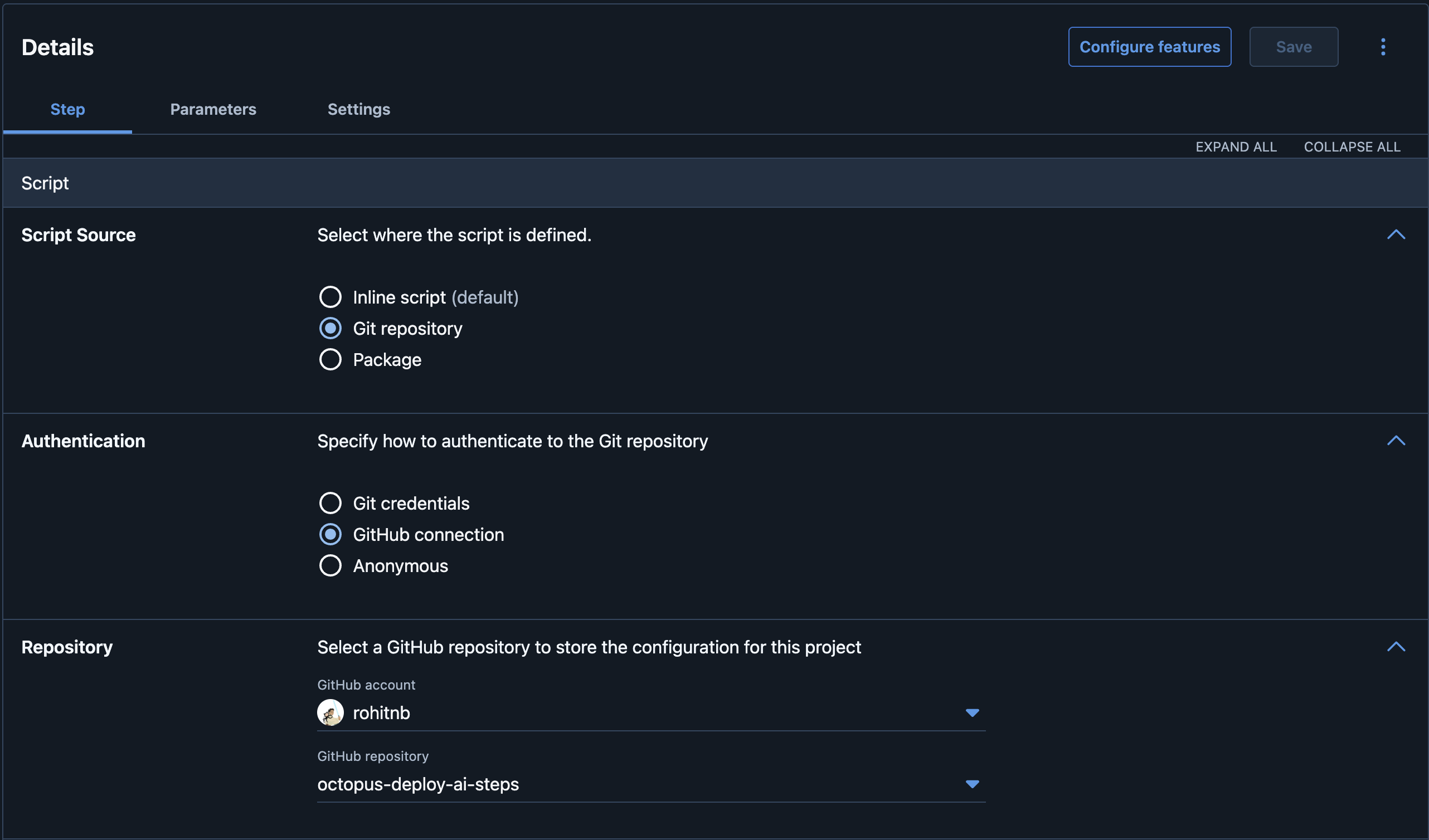 Configure Git repository source in Octopus step template